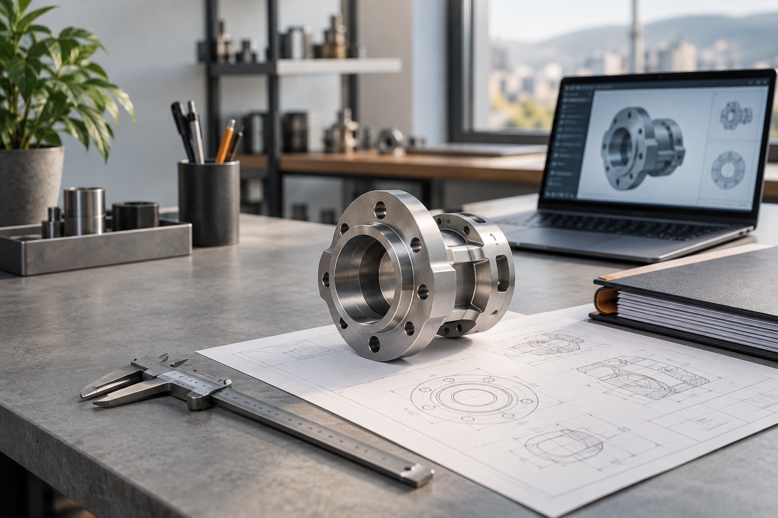 Precision metal component, technical drawing and laptop on an engineering workbench