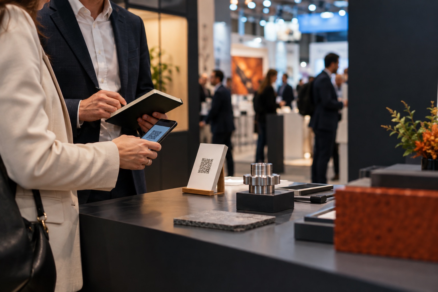 Visitor scanning a QR code at an international trade-fair booth