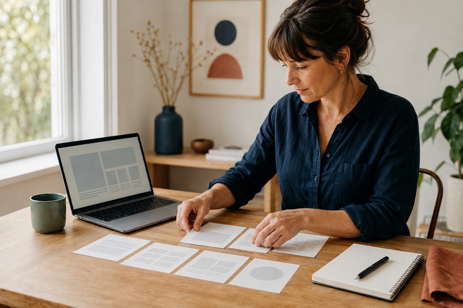 Unternehmerin ordnet Website-Abschnitte auf Papier an einem hellen Schreibtisch